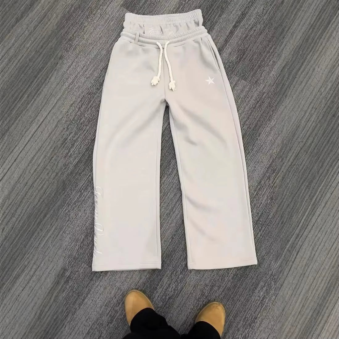 Harajuku Loose Double Waisted Sweatpants Y2K American Solid Color Letter Embroidery Casual Pants Hip Hop Drawstring Waist Jogger