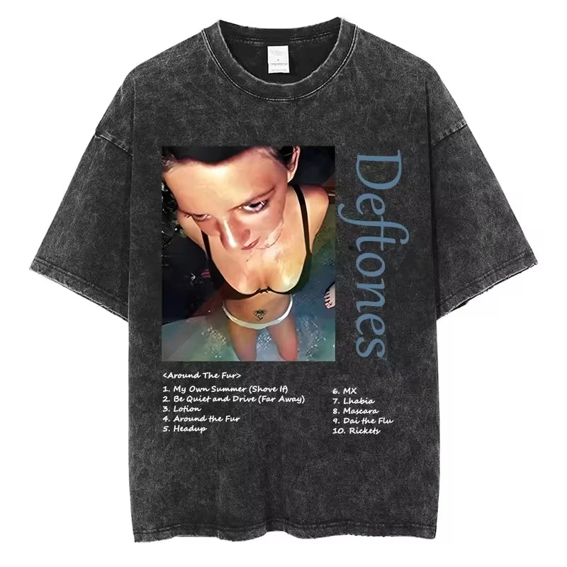 Hip Hop Deftones Men Women plus Size Summer Washed T Shirt Vintage Print Cotton Tshirt Fashion Design Tee Streetwear Unisex Top