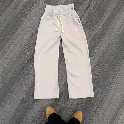 Harajuku Loose Double Waisted Sweatpants Y2K American Solid Color Letter Embroidery Casual Pants Hip Hop Drawstring Waist Jogger