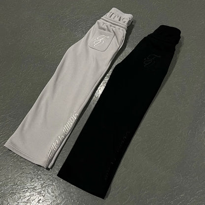 Harajuku Loose Double Waisted Sweatpants Y2K American Solid Color Letter Embroidery Casual Pants Hip Hop Drawstring Waist Jogger
