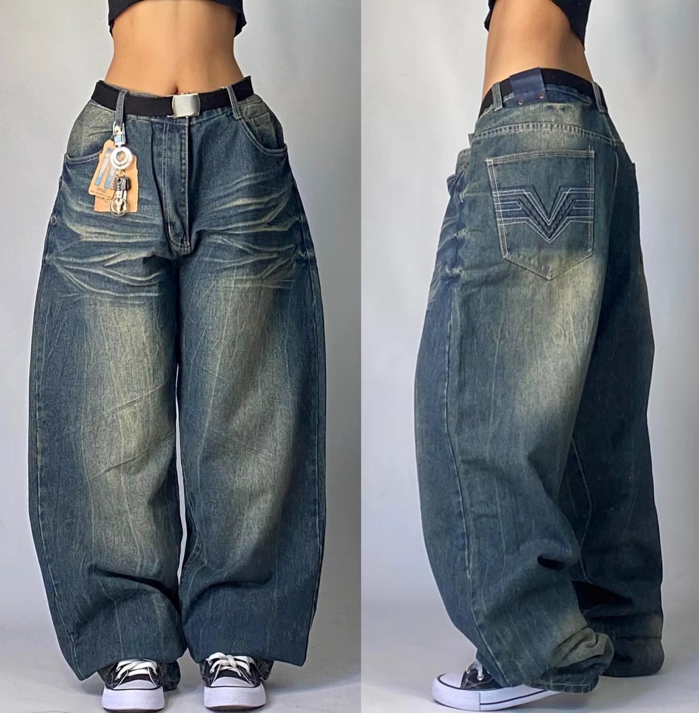 Gothic Fashion New Black Solid Color Washed Old Casual Jeans Men Y2K Streetwear Vintage Popular High Waist Baggy Wide-Leg Pants