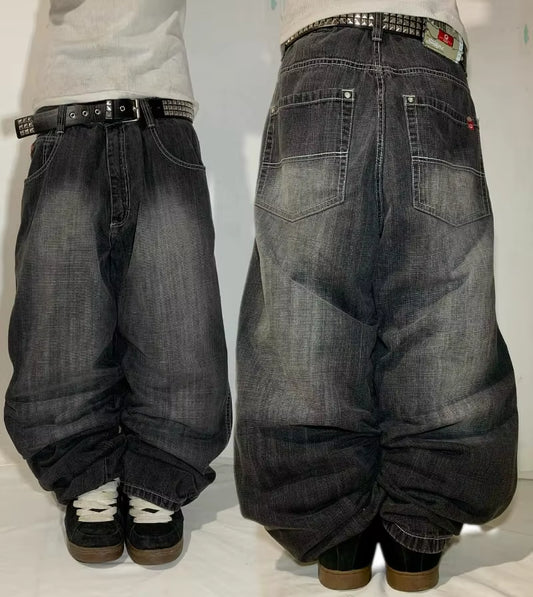 Gothic Fashion New Black Solid Color Washed Old Casual Jeans Men Y2K Streetwear Vintage Popular High Waist Baggy Wide-Leg Pants