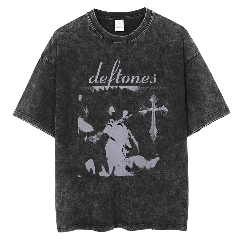 Hip Hop Deftones Men Women plus Size Summer Washed T Shirt Vintage Print Cotton Tshirt Fashion Design Tee Streetwear Unisex Top