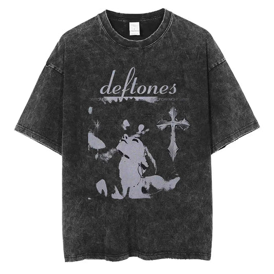 Hip Hop Deftones Men Women plus Size Summer Washed T Shirt Vintage Print Cotton Tshirt Fashion Design Tee Streetwear Unisex Top